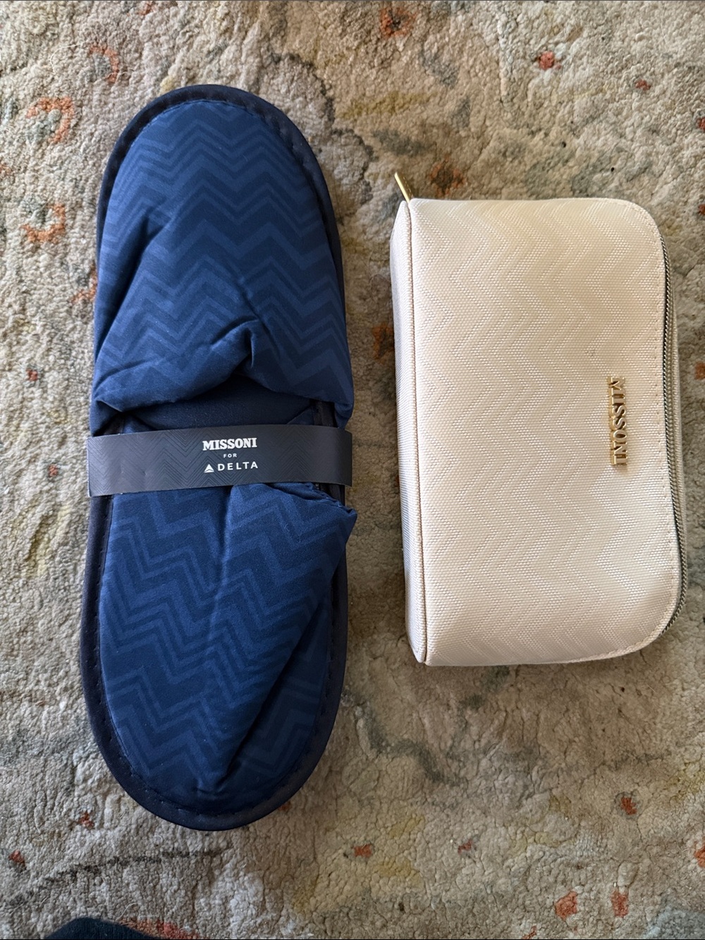 Missoni Navy Chevron Travel Slippers with Cream Pouch Amenity Kit